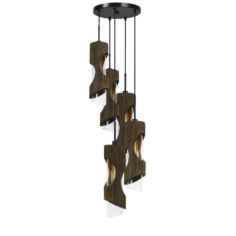 60W X 5 Zamora 5 Light Wood Pendant With Clear Glass Shade (Edison Bulbs Not Included). Picture 4