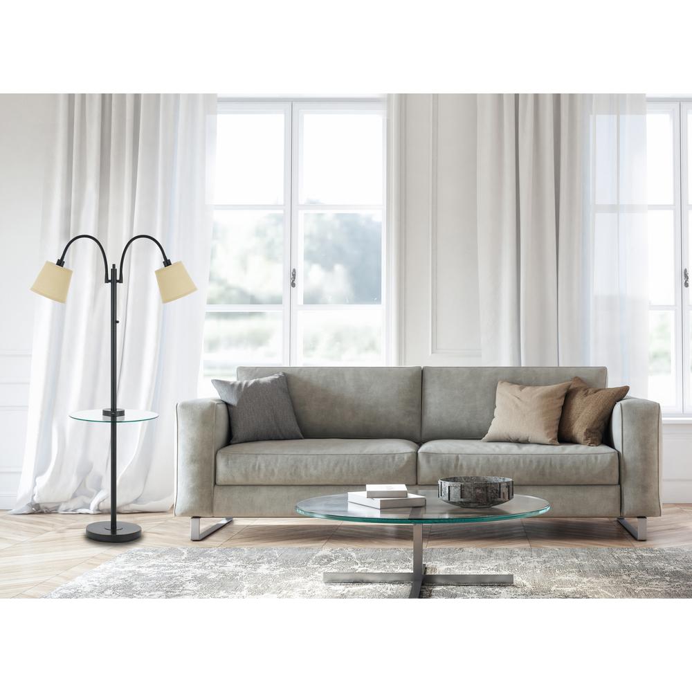 40W 3 Way Gailmetal  Double Gooseneck Floor Lamp Withglass Tray Table And Two Usb Charging Ports.. Picture 1