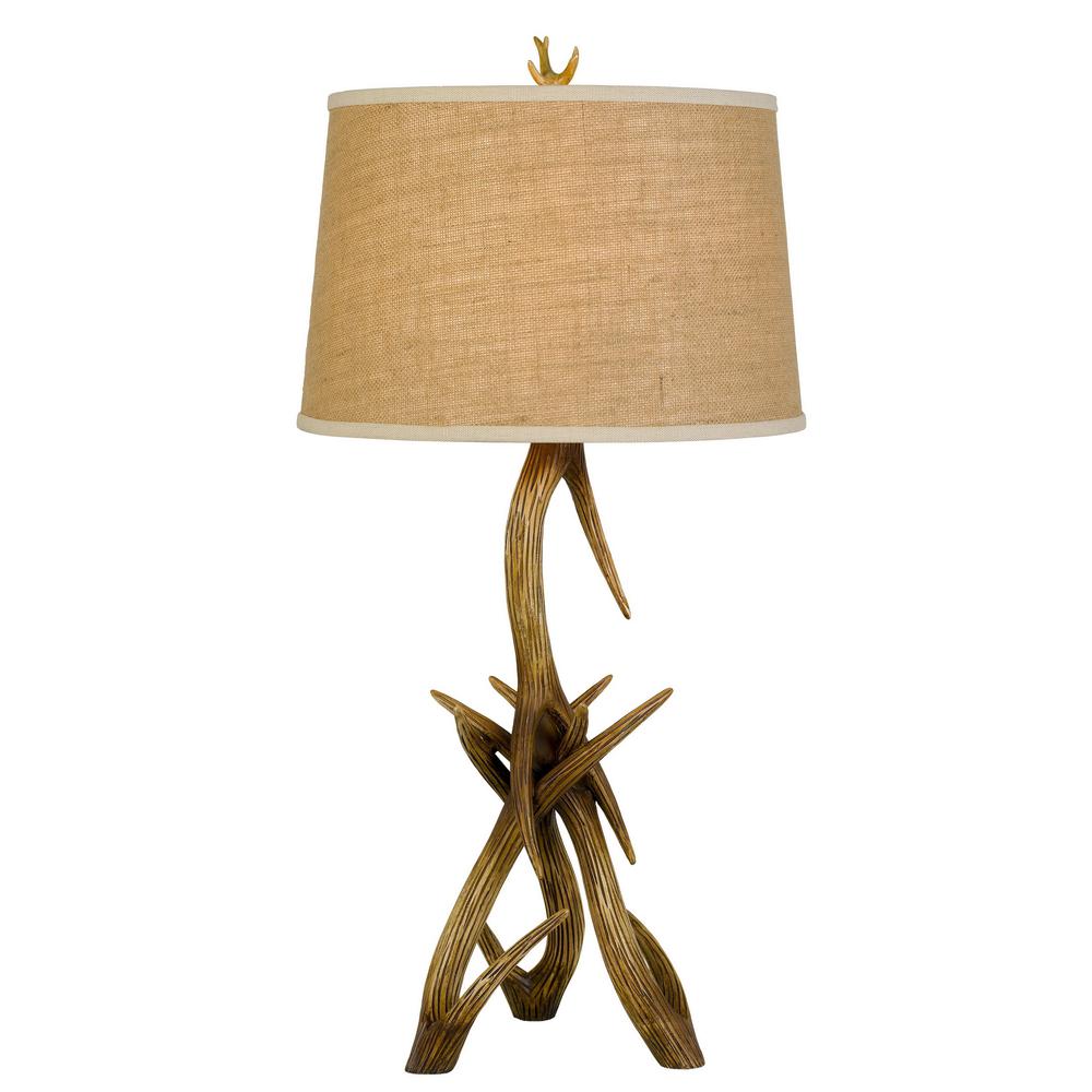 150W 3 Way Drummond Antler Resin Table Lamp With Burlap Shade. Picture 1