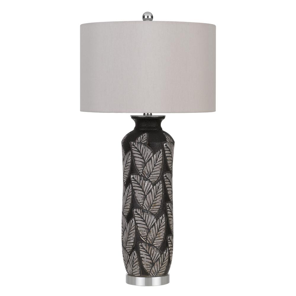 150W 3 Way Shiloh Ceramic Table Lamp With Leaf Design And Drum Hardback Fabric Shade. Picture 1