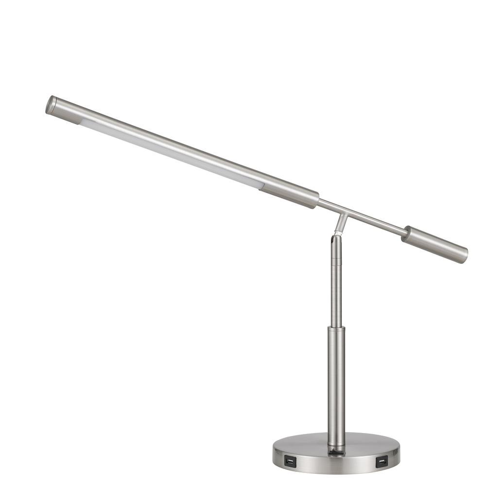 Auray integrated LED desk lamp with 2 USB charing ports. 780 lumen, 3000K, on off rocker switch at base., Brushed Steel. Picture 1