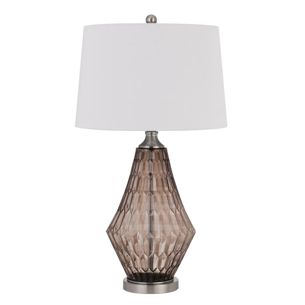 150W 3 way Conover glass table lamp with hardbadk taper drum fabric shade, Smoky. Picture 1