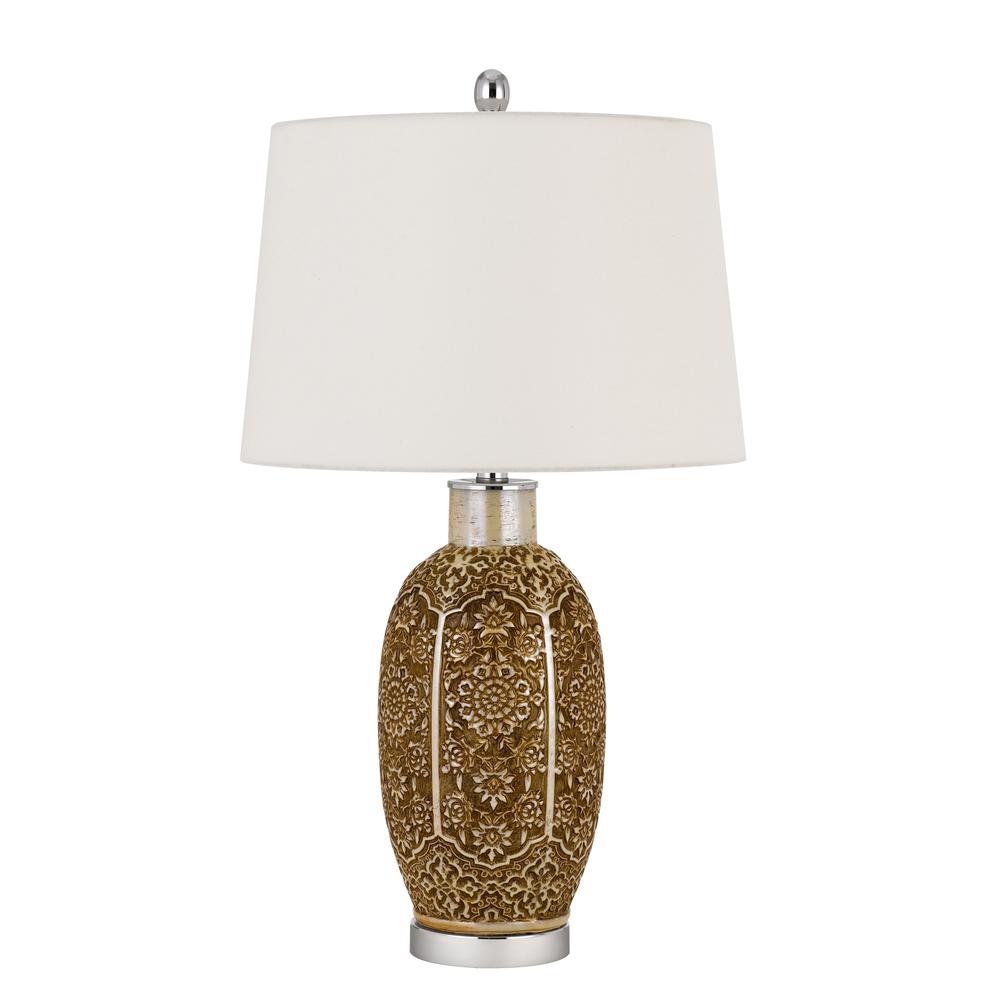 150W 3 way Olive ceramic table lamp with hardback taper fabric drum shade, Cinnamon. Picture 1