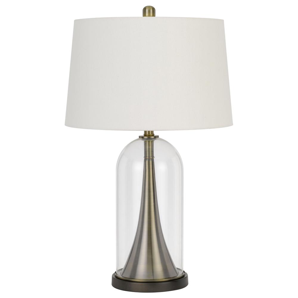 150W 3 way Camargo glass/metal table lamp with hardback taper drum fabric shade, Glass/Antique Brass. Picture 1