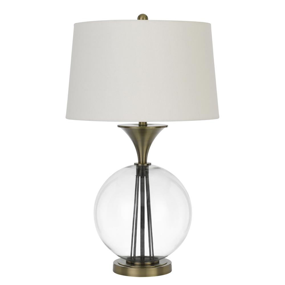 150W 3 way Moxee glass/metal table lamp with hardback taper drum fabric shade, Glass/Antique Brass. Picture 1