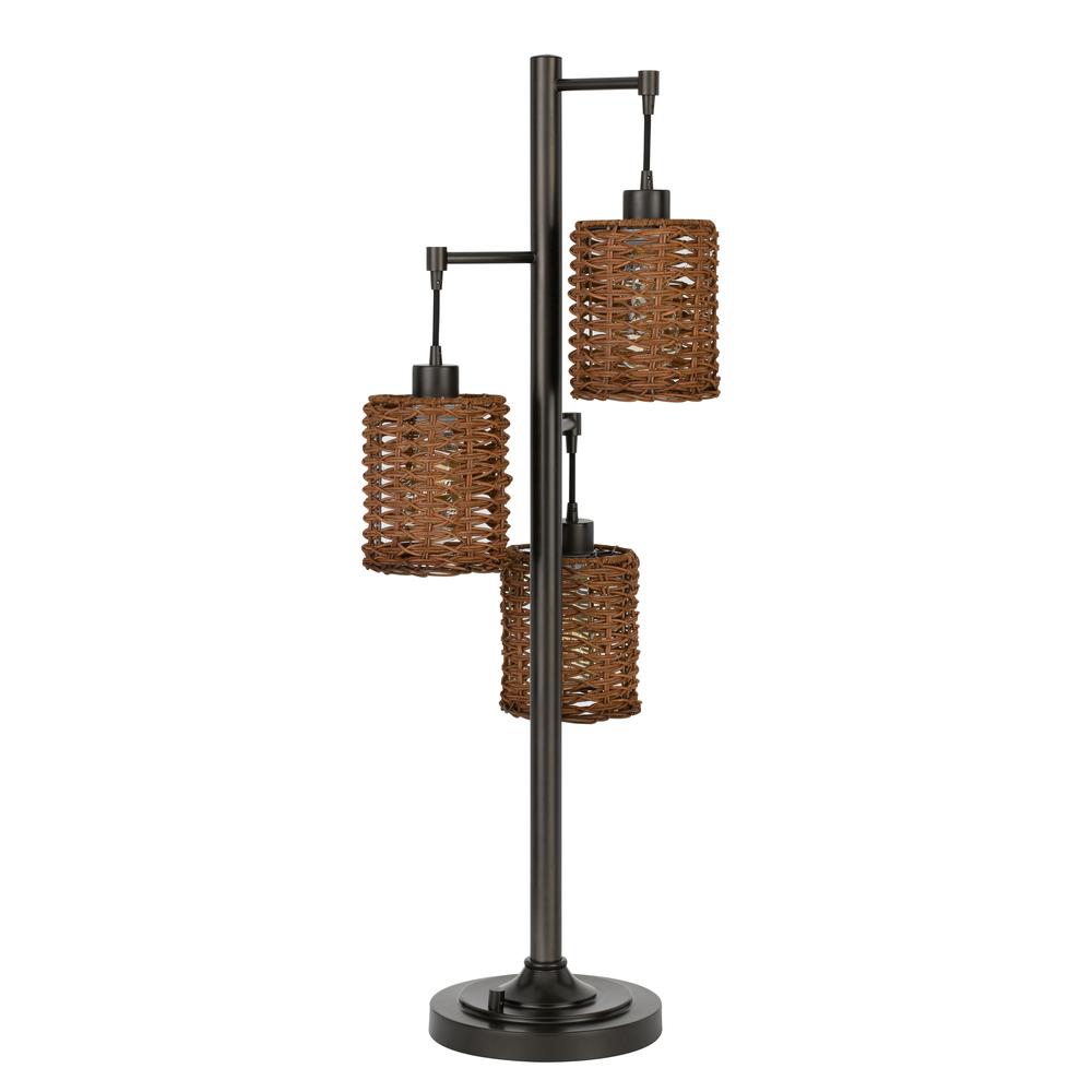 40W x3 Connell metal table lamp with rattan shades with a base 3 way rotary switch (Edison bulbs included), Dark Bronze. Picture 1