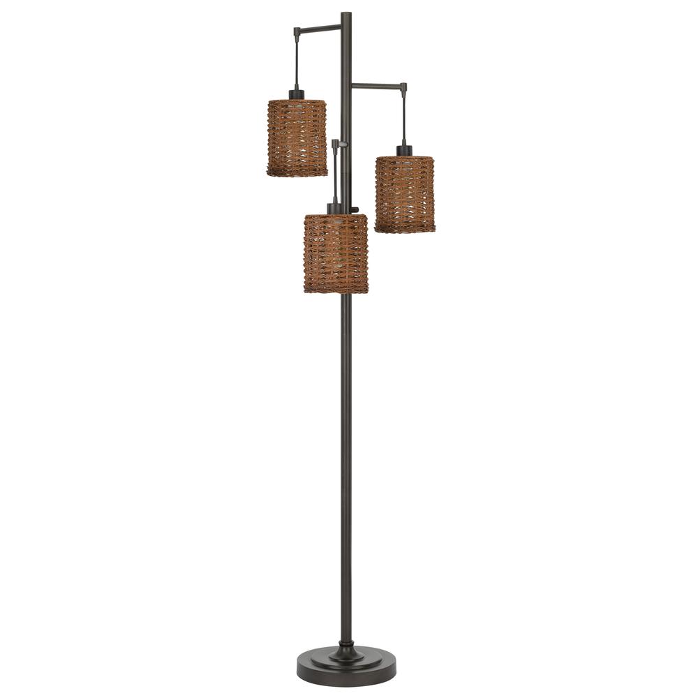 40W x3 Connell metal floor lamp with rattan shades with a pole 3 way rotary switch (Edison bulbs included), Dark Bronze. Picture 1