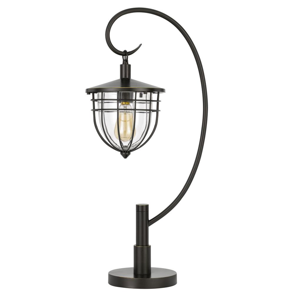60W Alma metal/glass downbridge lantern style table lamp (Edison bulb included), Dark Bronze. Picture 3