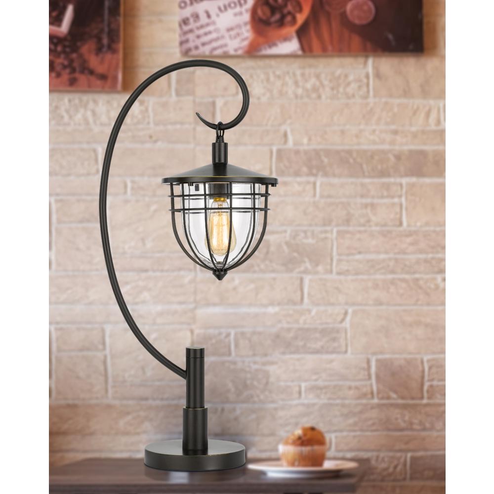 60W Alma metal/glass downbridge lantern style table lamp (Edison bulb included), Dark Bronze. The main picture.