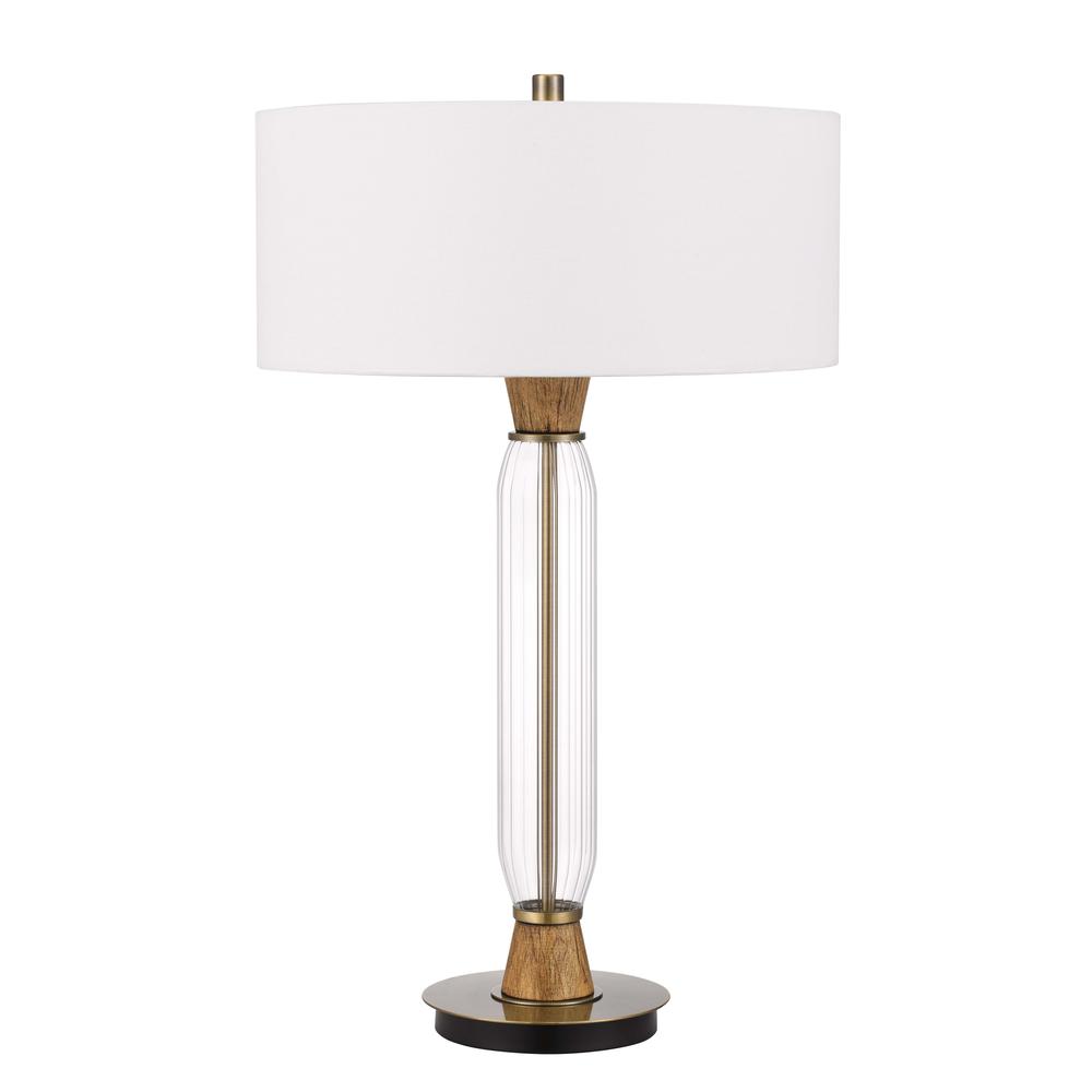 150W 3 way Towson glass with wood accent table lamp with hardback drum fabric shade. Picture 1