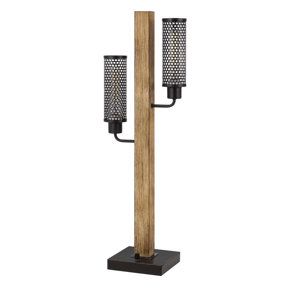 60W x 2 Lenox lantern style rubber wood / metal table lamp with mesh metal shades. Picture 1