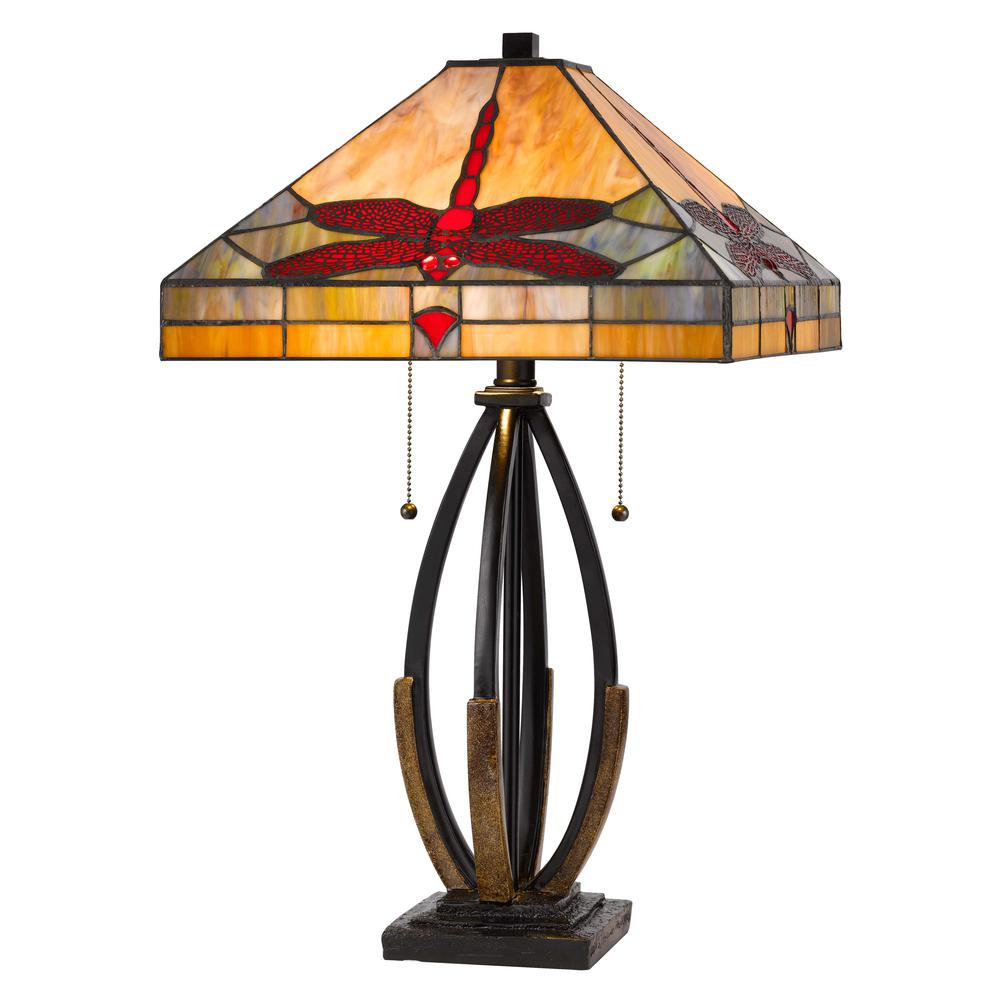 60W x 2 Tiffany table lamp with pull chain switch and metal and resin lamp body. Picture 1