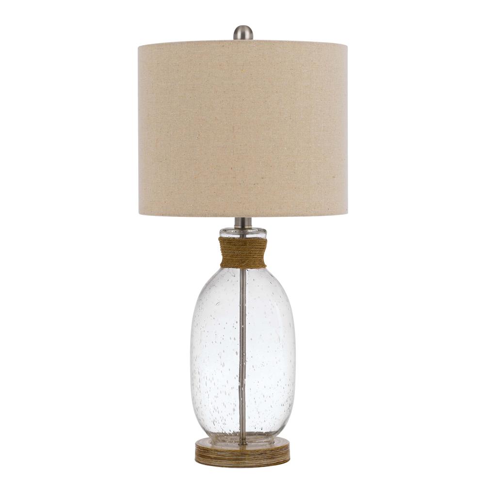 150W 3 way Seymour bubbled glass table lamp with resin base and hardback drum linen shade. Picture 1