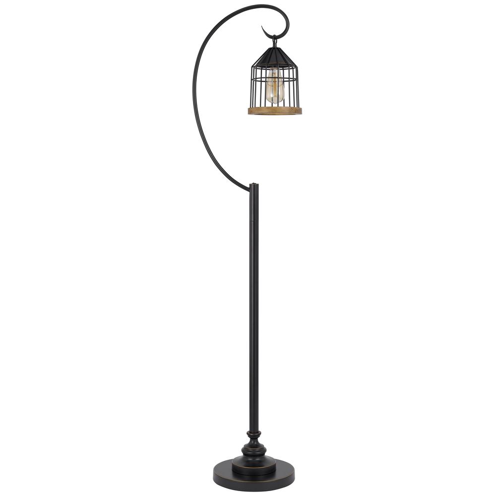 60W Valparaiso downbridge metal floor lamp with lantern style metal and pine wood shade. Picture 1