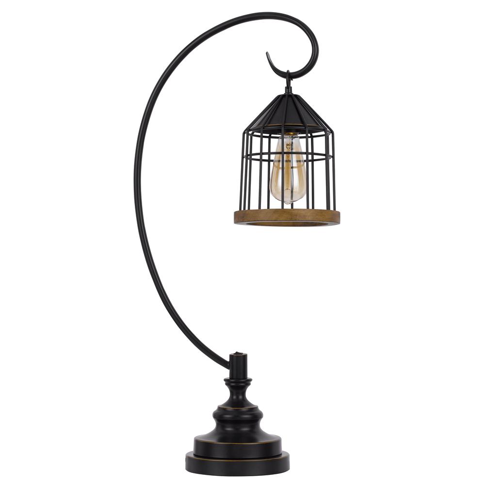 60W Valparaiso downbridge metal table lamp with lantern style metal and pine wood shade. Picture 1