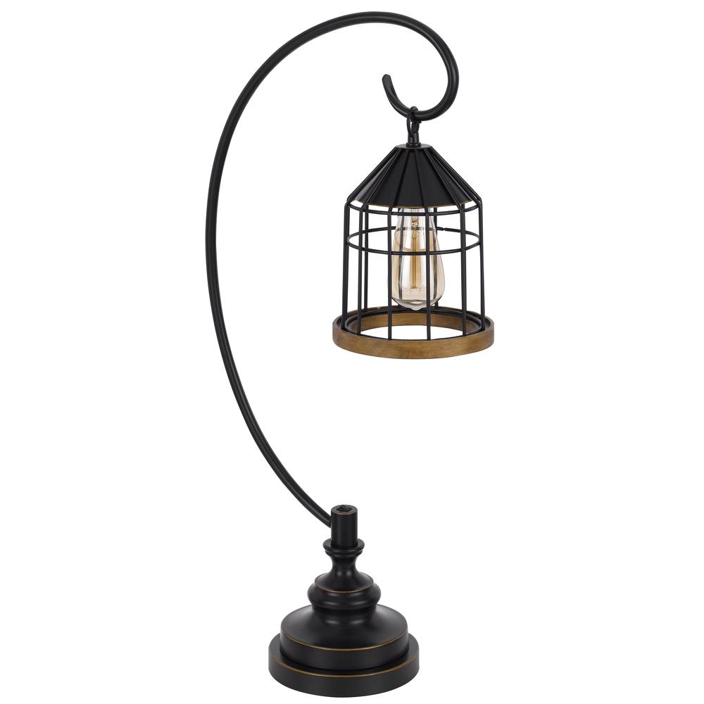 60W Valparaiso downbridge metal table lamp with lantern style metal and pine wood shade. Picture 2