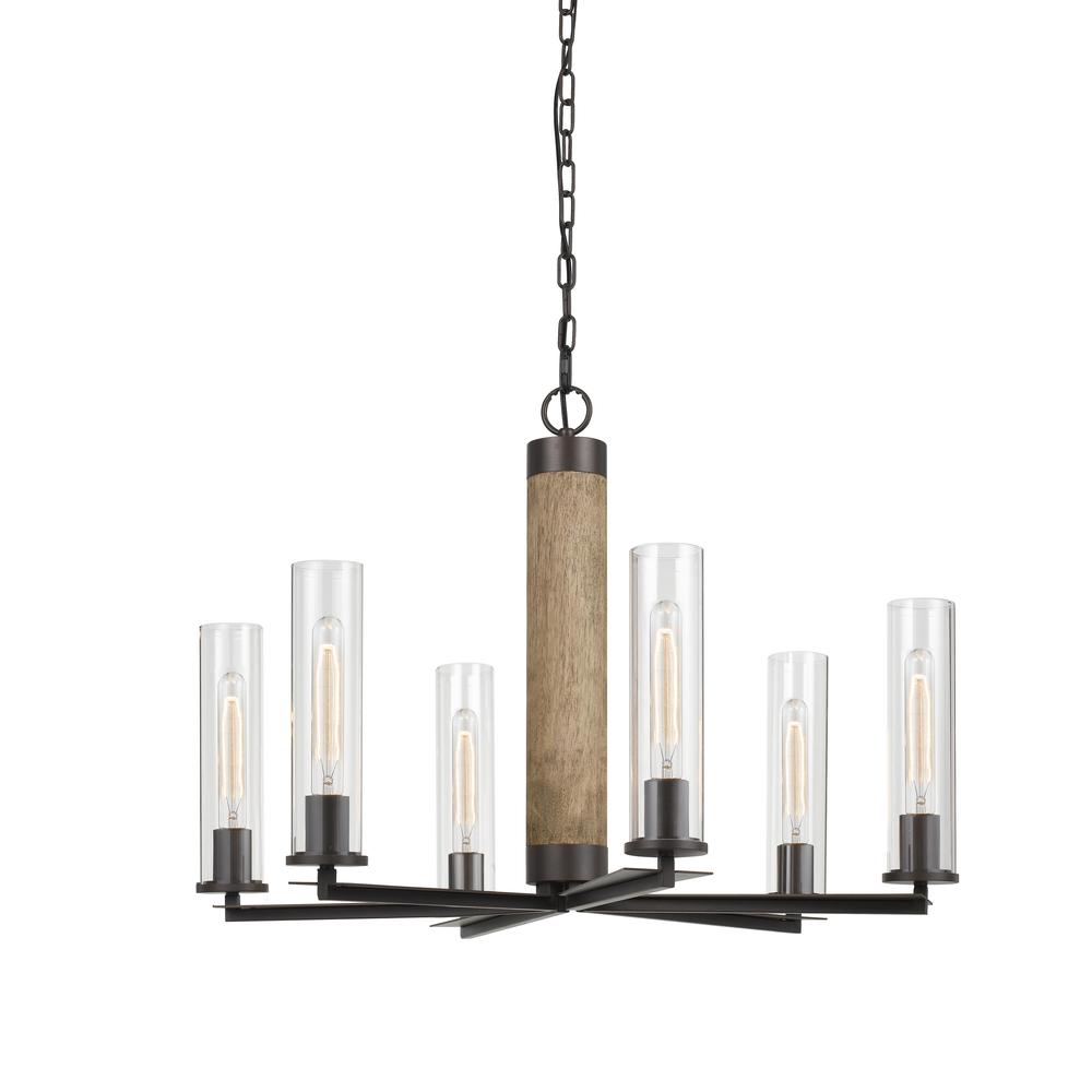 60W X 6 Silverton Metal/Wood 6 Light Chandelier With Glass Shades. (Edison Bulbs Included). Picture 1