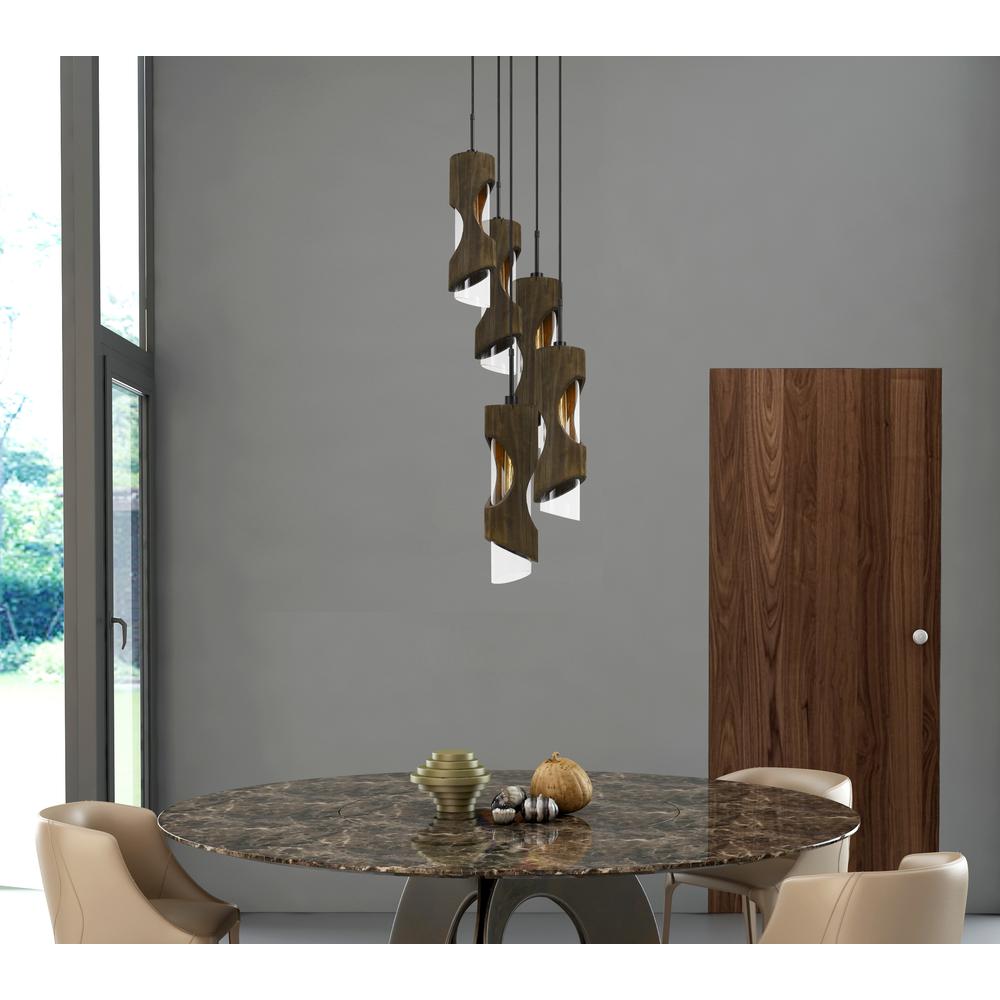 60W X 5 Zamora 5 Light Wood Pendant With Clear Glass Shade (Edison Bulbs Not Included). Picture 2