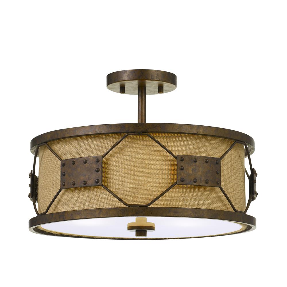60W X 3 Ragusa Metal 2 In 1 Pendant/Semi FLush Mount Fixture With Burlap Shade. Picture 1