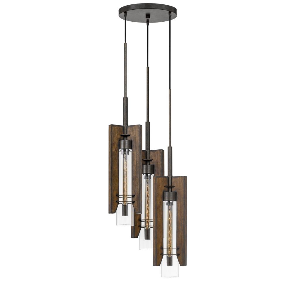 60W X 3 Almeria Wood/Glass 3 Light Pendant Fixture (Edison Bulbs Not included). The main picture.