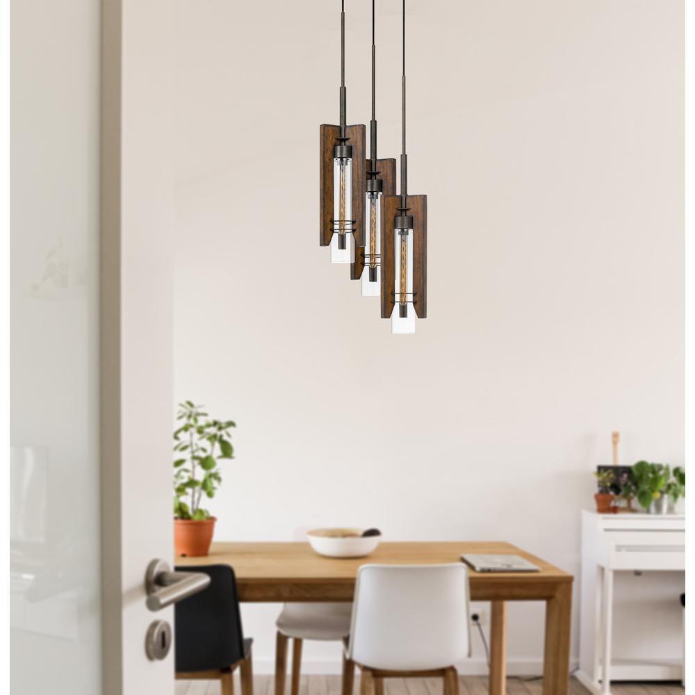 60W X 3 Almeria Wood/Glass 3 Light Pendant Fixture (Edison Bulbs Not included). Picture 2