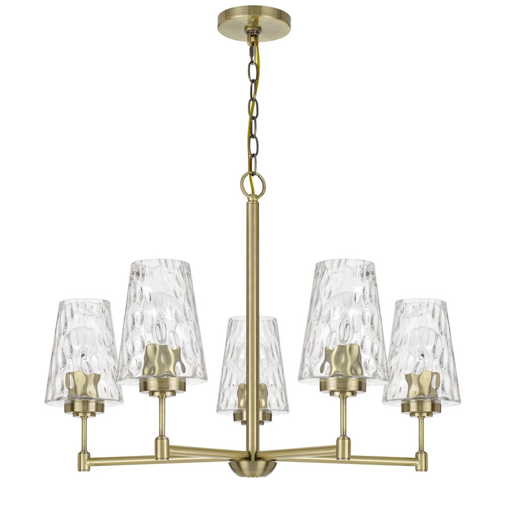 60W x 5 Crestwood metal chandelier with textured glass shades, Antique Brass. The main picture.