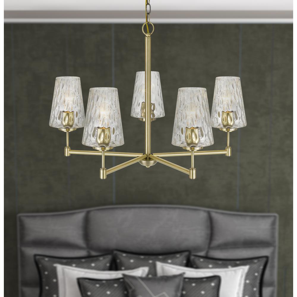 60W x 5 Crestwood metal chandelier with textured glass shades, Antique Brass. Picture 2
