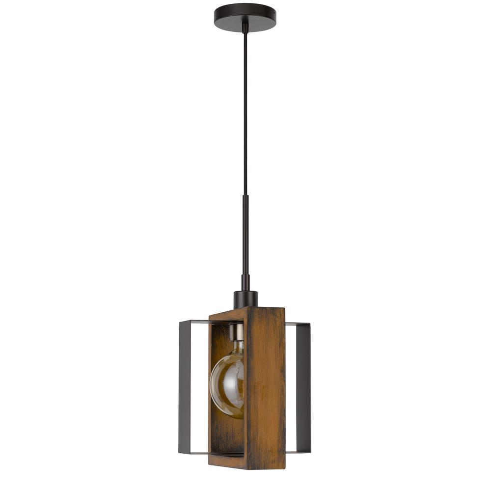 60W Agrigento pine wood/metal mini pendant fixture (Edison bulb INCLUDED), Wood/Black. Picture 1