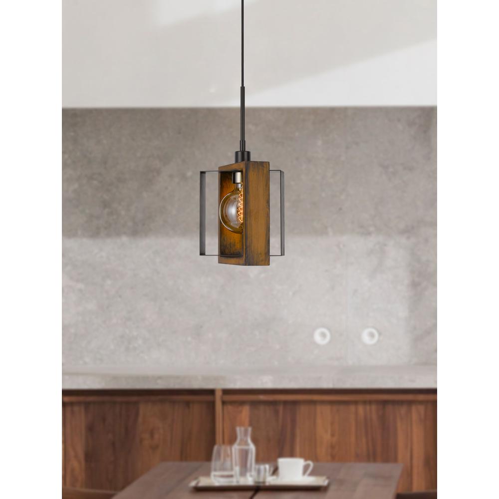 60W Agrigento pine wood/metal mini pendant fixture (Edison bulb INCLUDED), Wood/Black. Picture 2