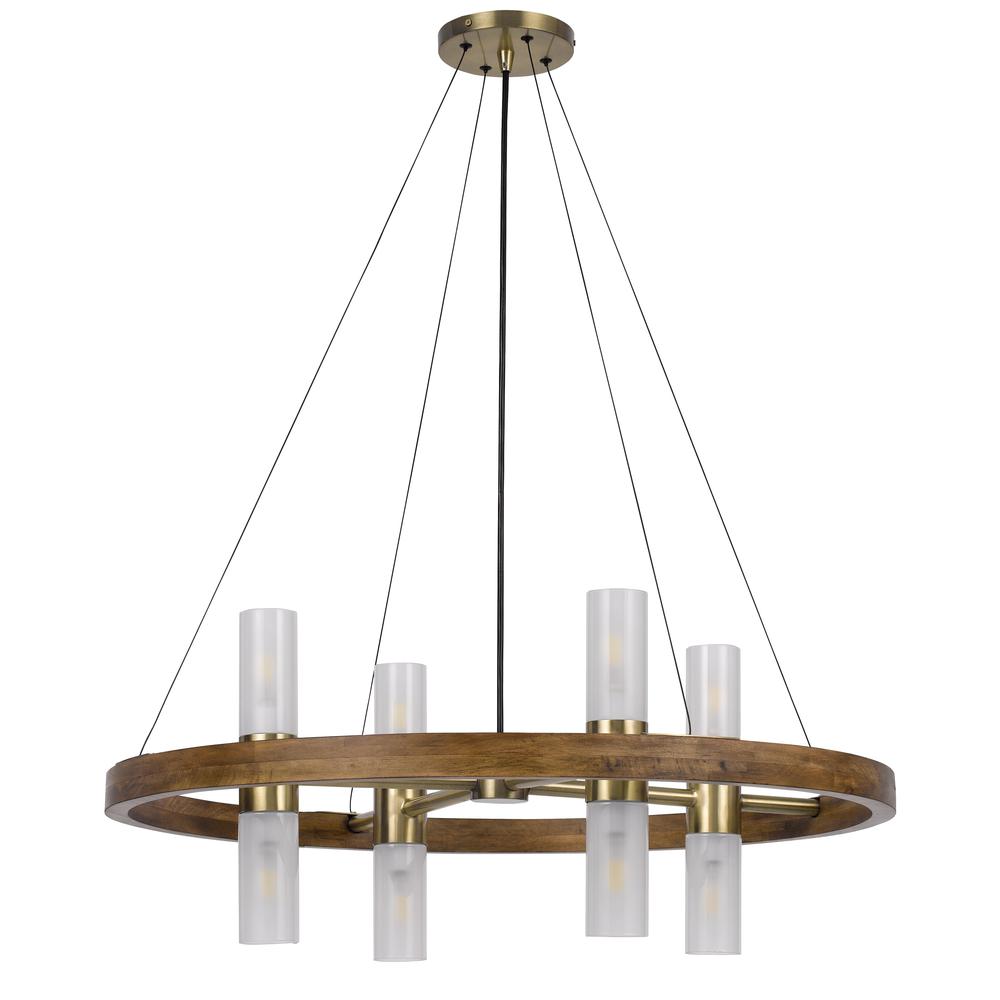 40W x 8 Hempstead Birch wood cylinder chandelier with adjustable steel cable and glass shades. Picture 1