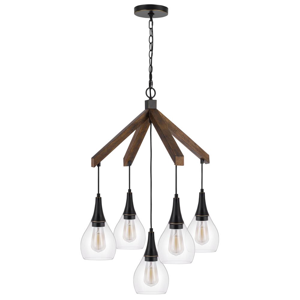 60W x 5 Watkins rubber wood chandelier with hanging glass shades. Picture 1