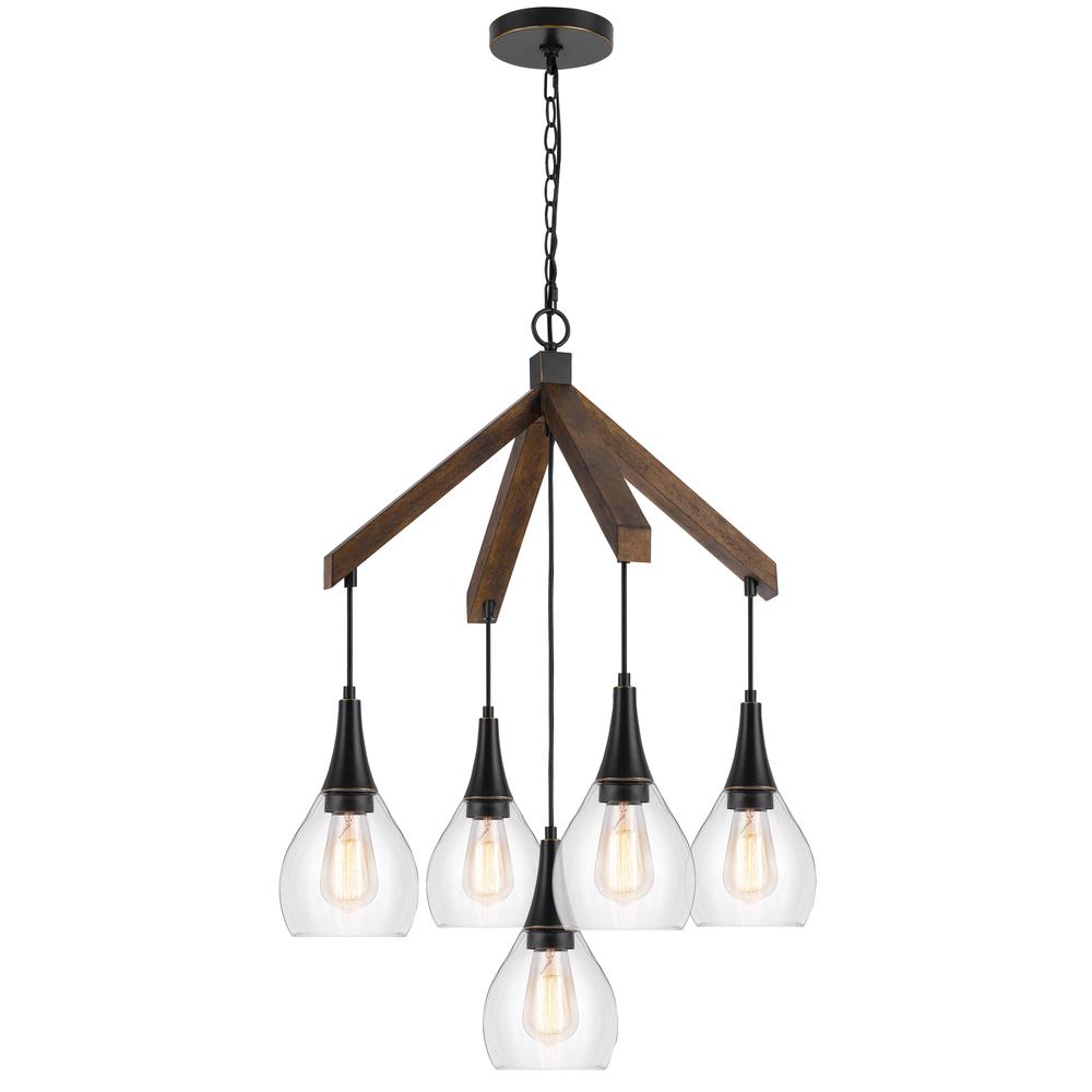 60W x 5 Watkins rubber wood chandelier with hanging glass shades. Picture 2