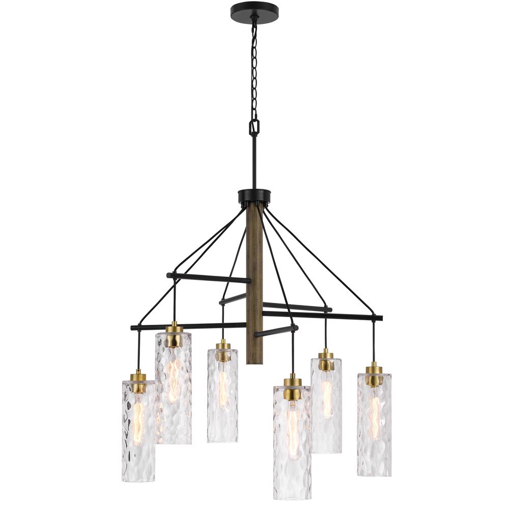 60W x 6 Williston rubber wood chandelier with hanging textured glass shades. Picture 2