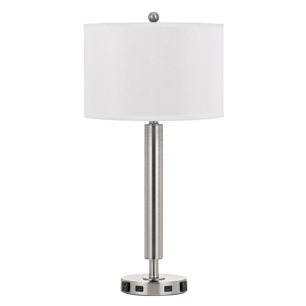 100W Metal Night Stand Lamp With 2 USB And 2 Power Outlets, On Off Rocker Base Switch in Brushed Steel. Picture 1