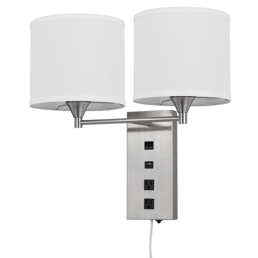 60W x 2 Reedsport wall lamp with 2 power outlets and 1 USB charging port. Picture 1