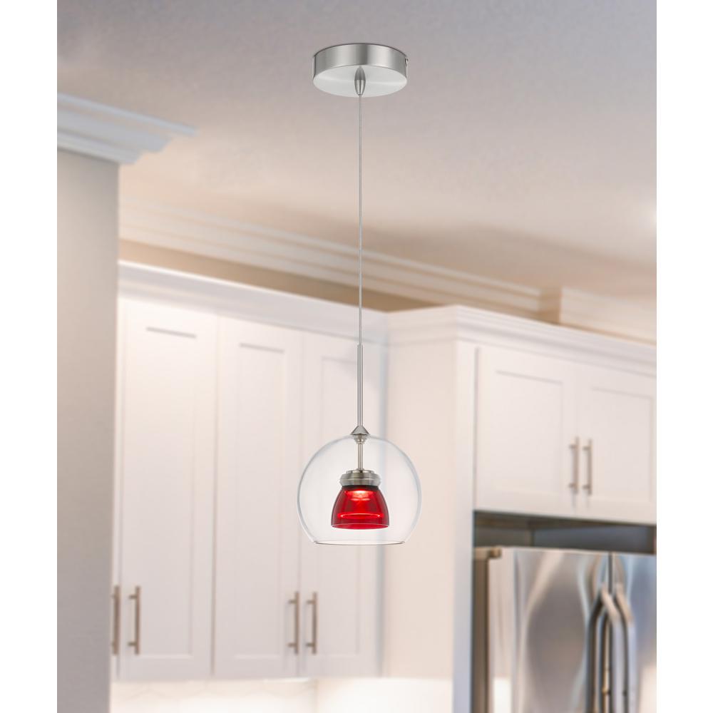 Integrated dimmable LED double glass mini pendant light. 6W, 450 lumen, 3000K in Red Clear. The main picture.