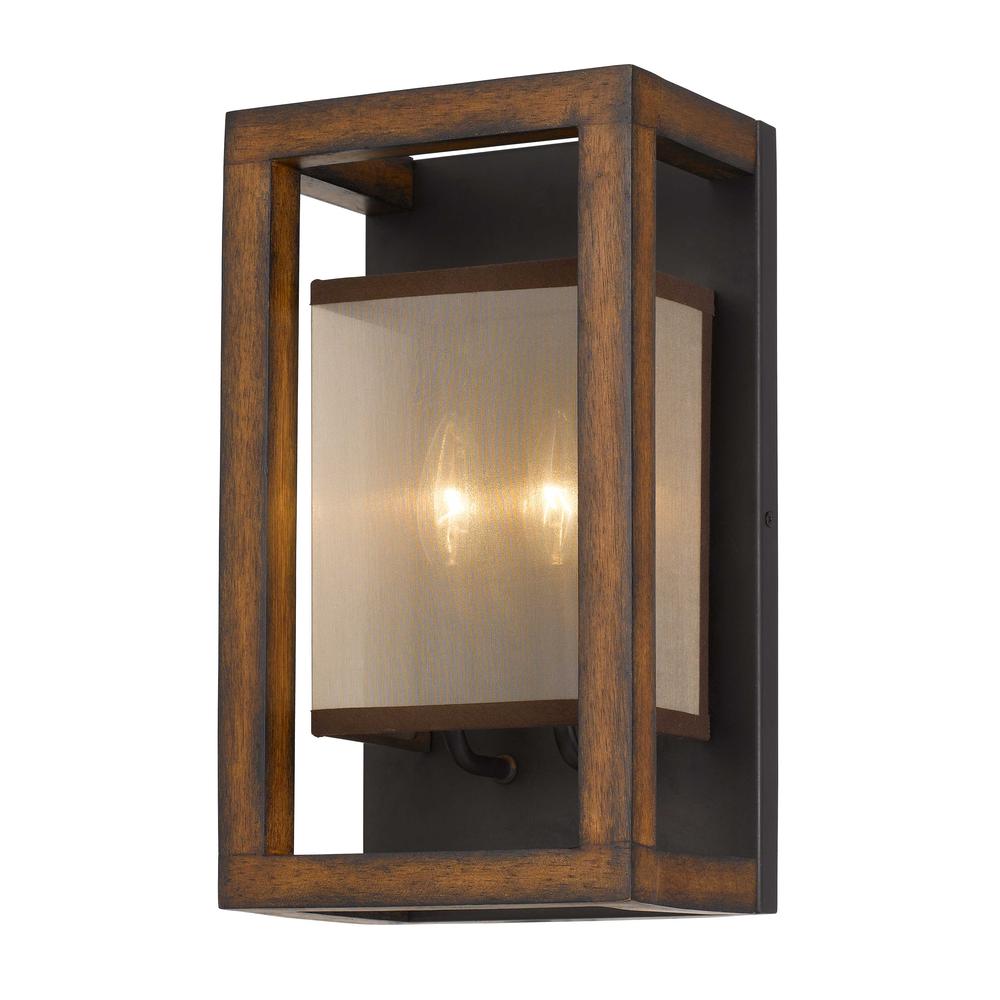 40W X 2 Rubber Wood Wall Sconce With Organza Shade (Edison Bulbs Not included). Picture 1