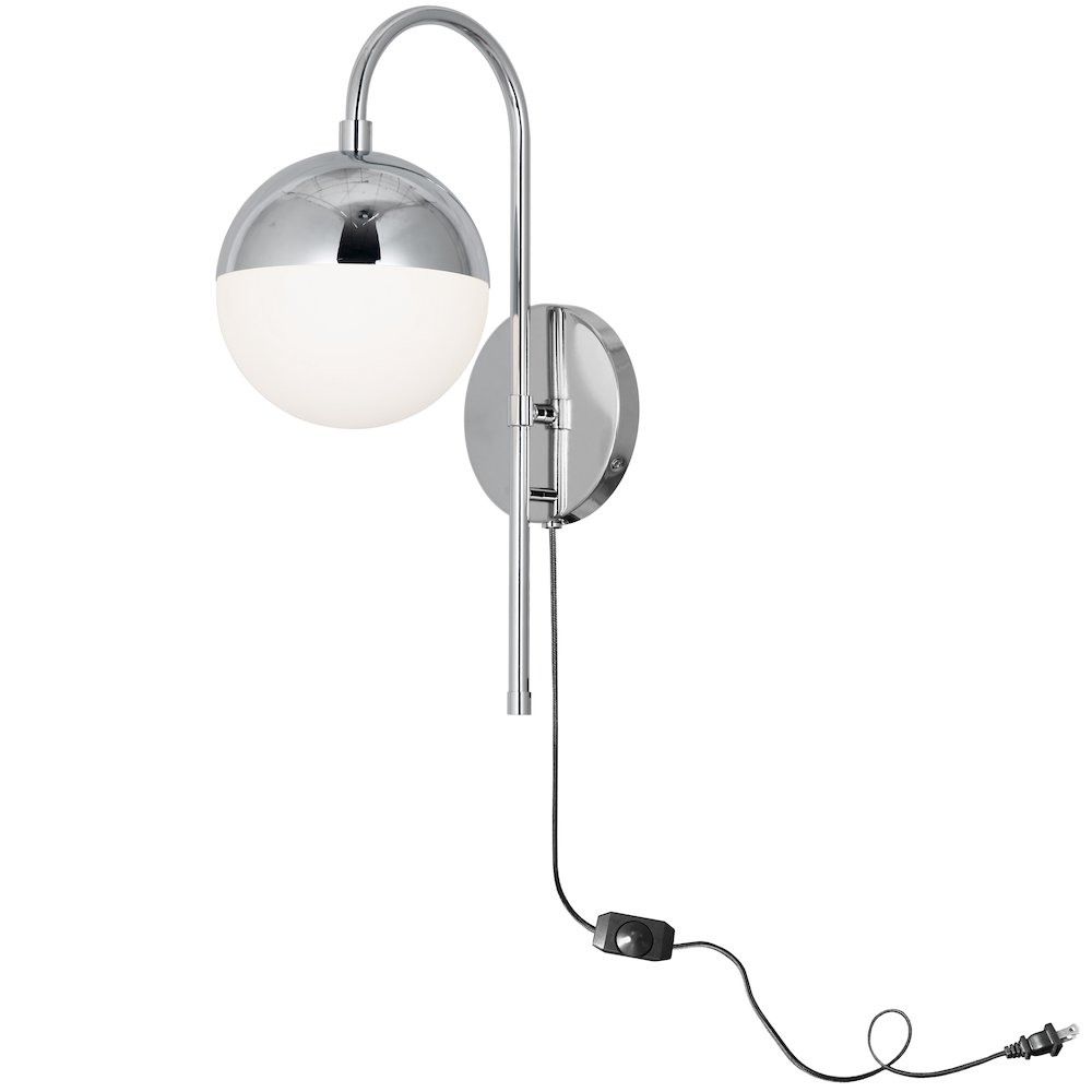 1 Light Halogen Wall Sconce, Polished Chrome with White Glass, Hardwire and Plug-In. Picture 2