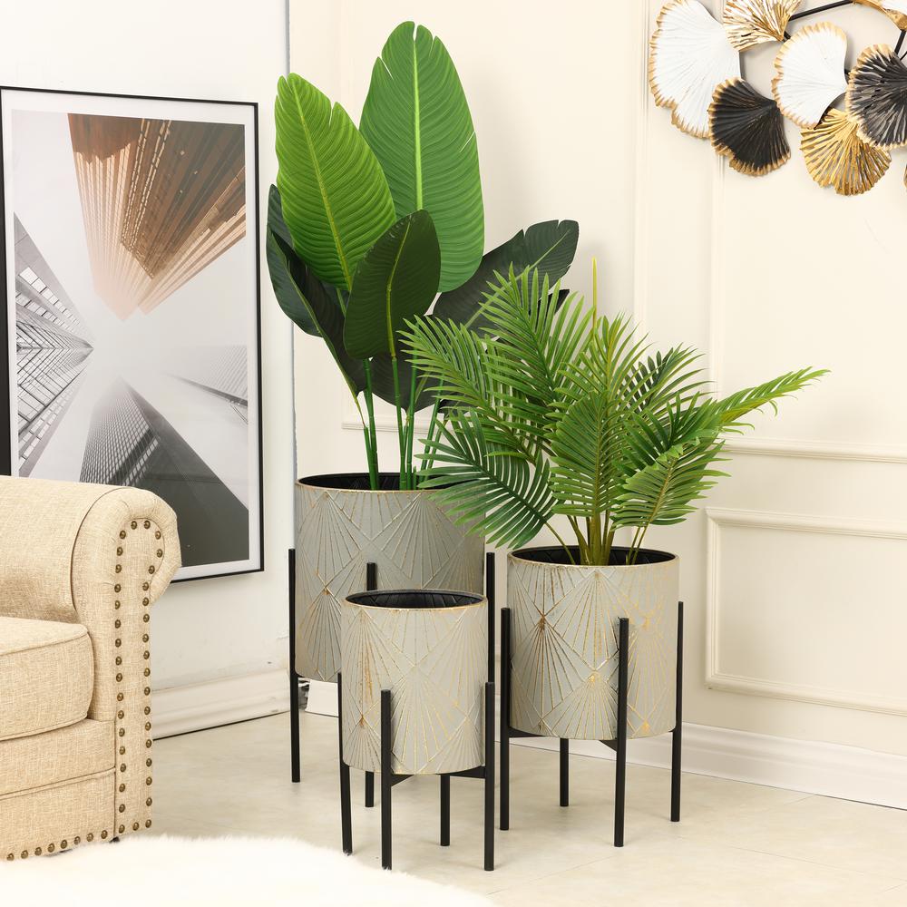 Three Piece White and Gold Metal Planters with Black Stand. Picture 3