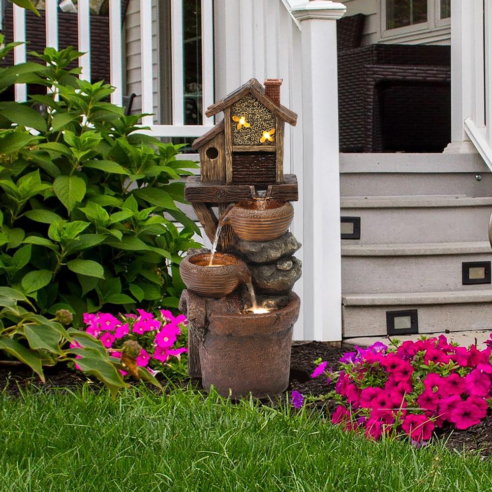 29.1" H Bowls and Birdhouse Resin Outdoor Fountain with LED Lights. Picture 3