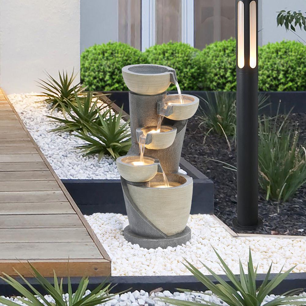 Gray Cascading Bowls and Column Resin Outdoor Fountain with LED Lights. Picture 3