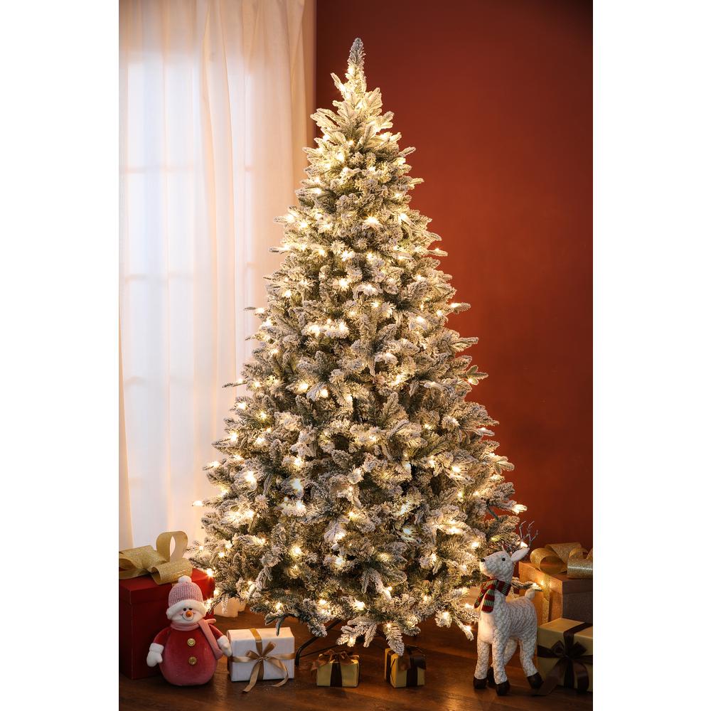 7ft Pre-Lit Flocked Artificial Christmas Tree (Green, white, brown). Picture 2