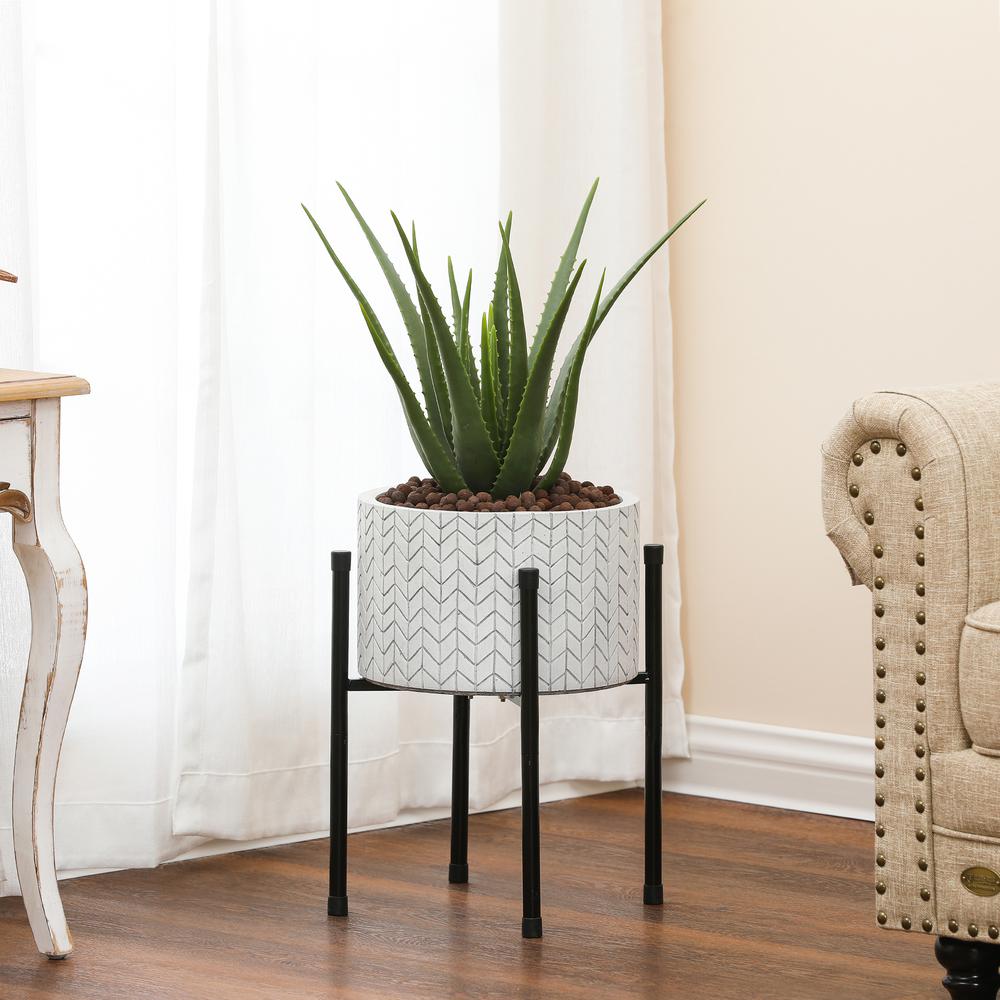 LuxenHome White Cube Design 12.2 in. Round MgO Planter with Metal Stand. Picture 2