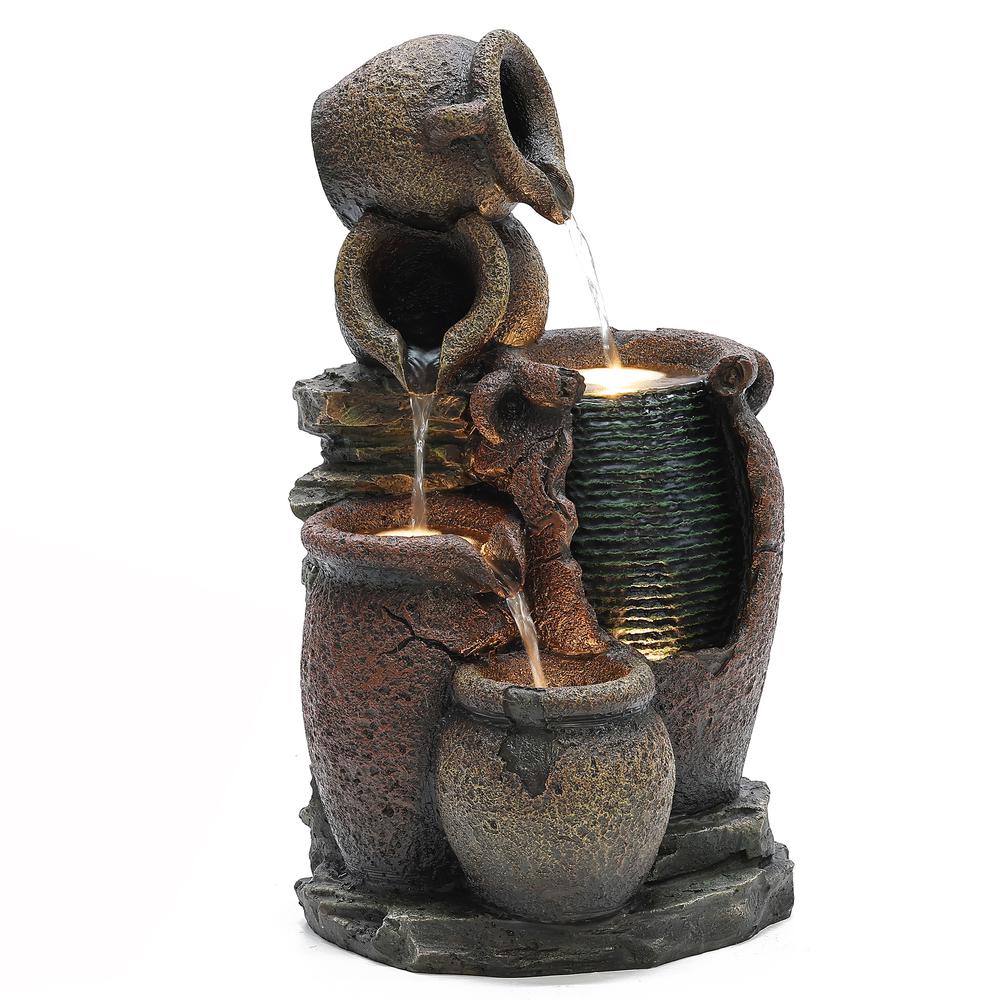 Rustic Brown Urns Resin Outdoor Fountain with LED Lights. Picture 7