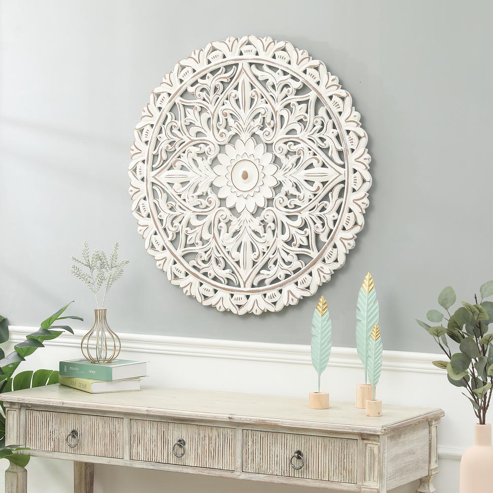 White Wood Flower Round Wall Decor. Picture 3