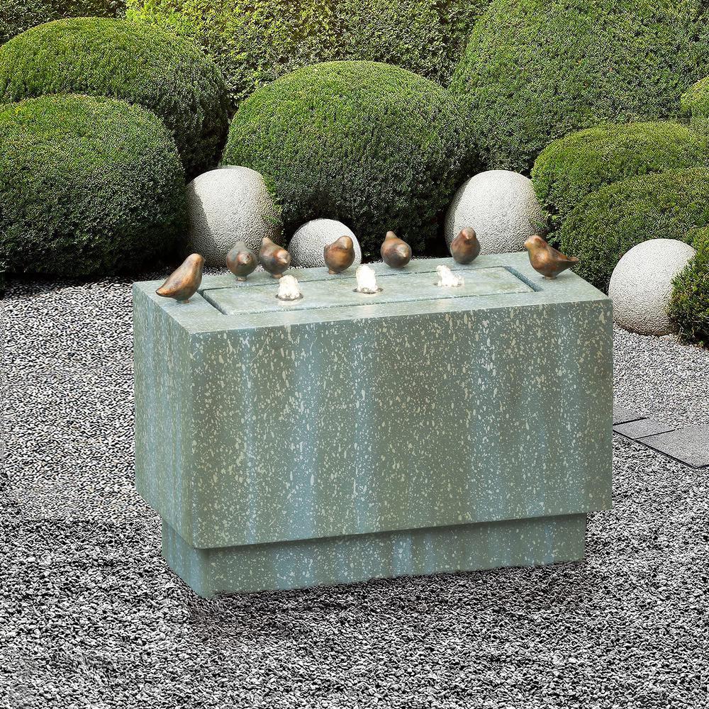 Patina Resin Rectangular Bubbler Outdoor Fountain with LED Lights and Bronze Birds. Picture 2