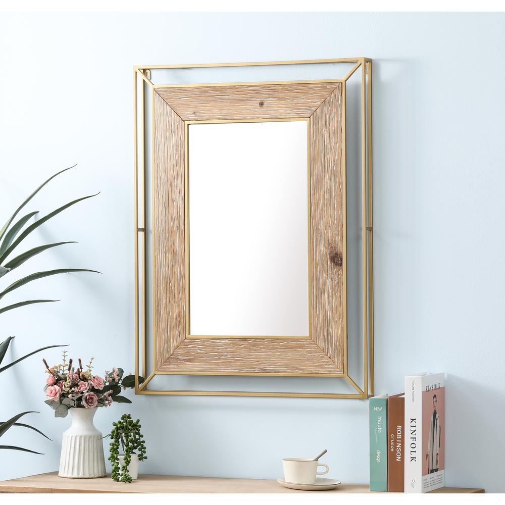 Gold Metal and Natural Wood Rectangular Frame Accent Wall Mirror. Picture 3