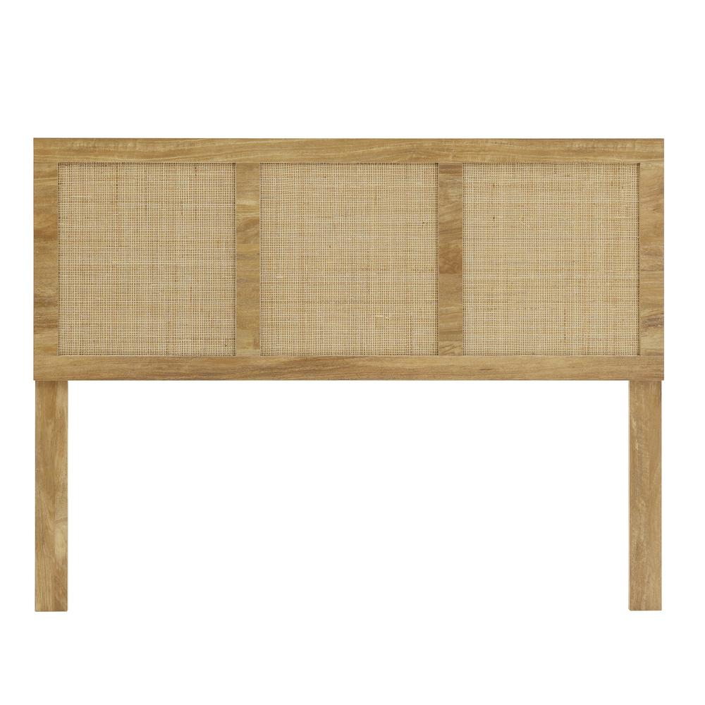 Oak Finish Manufactured Wood with Natural Rattan Panels Headboard, Queen. Picture 1