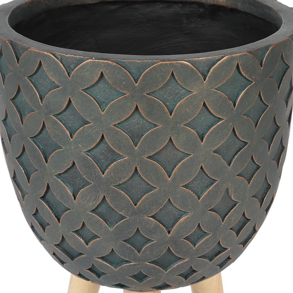 LuxenHome Butterfly Embossed Brown 12.3 in. Round MgO Planter with Wood Legs. Picture 4