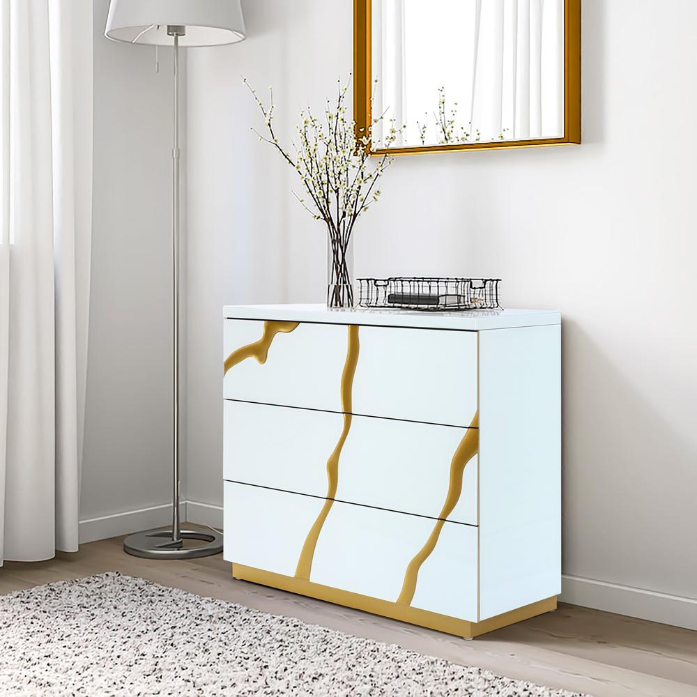 Modern White with Gold Ribbon 31.5" Tall 3-Drawer Bachelor Chest. Picture 14